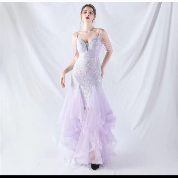 Purple, Abstract Print, Beaded Draped Sleeves,  Backless,  Sequined Mermaid Gown - Picture 4 of 14